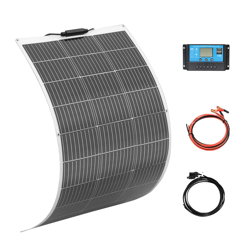 200W 100W Mono Flexible Solar Panel 20A/10A Solar Controller Module for Car RV Boat Home Roof Vans Camping 12V 24V Solar Battery