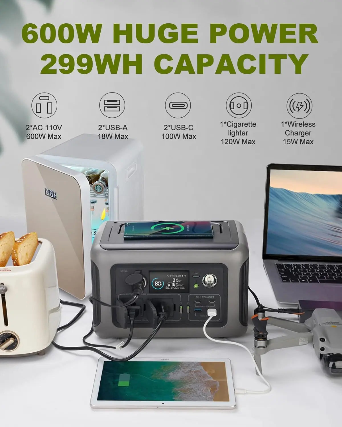 ALLPOWERS Portable Power Station R600, 299Wh LiFeP04 Battery with 2x 600W (1200W Surge) AC Outlets for Outdoor Camping RV Home