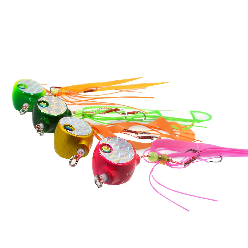 4pcs Metal and Soft Skirt Fishing Lure Madai Jigs 3oz 3.75oz Double Hook Mixed Color Snapper Slider Jigs